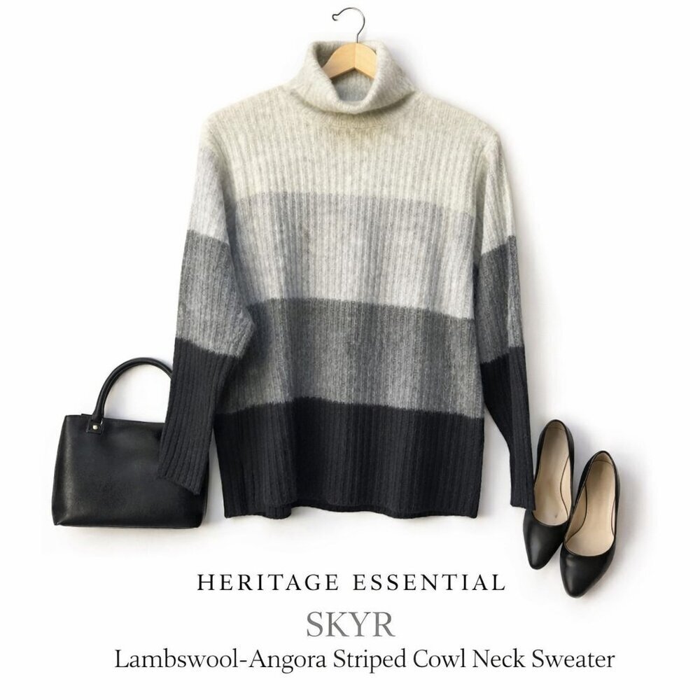 Lambswool Angora Ribbed Cowl Neck Sweater Gray Black Striped Women’s L